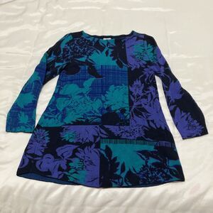 Chico’s Pullover Sweater Purple Blue Floral Baroque Hawaiian Print Womens 0 = S